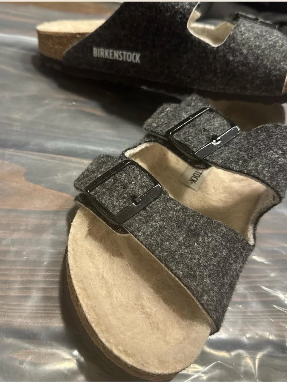 Birkenstock Shearling lined Arizona Charcoal Two-Strap Sandals
